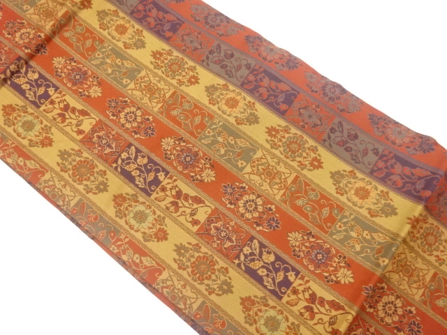 縞に花々・唐草模様織出し名古屋帯